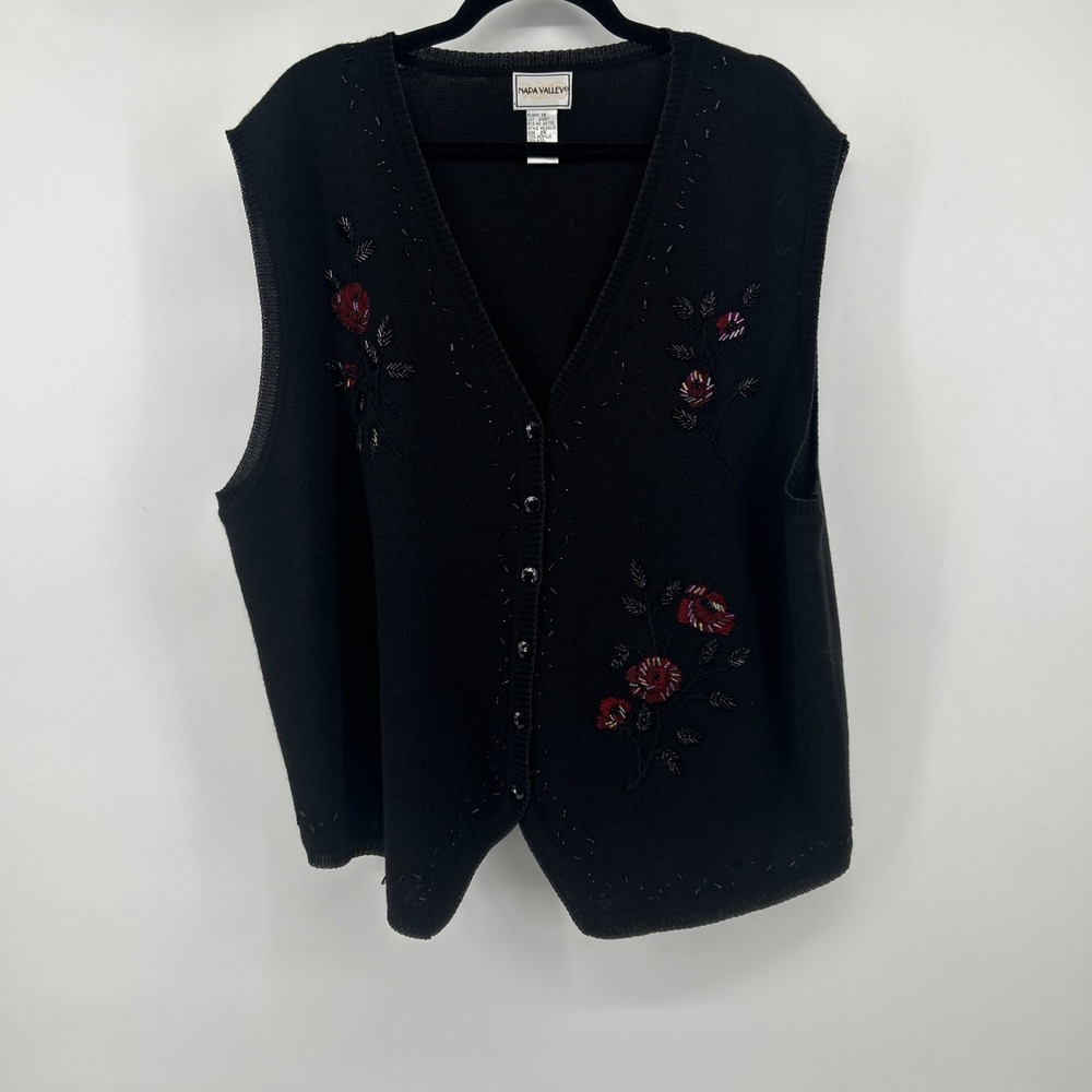 VTG 90s Napa Valley Romantic Whimsigoth Beaded Floral Sweater Vest Folk Artsy 2X